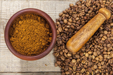 Mortar and pestle with brown coffee