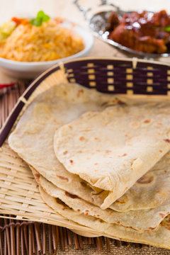 Indian flat-bread called chapati in basket