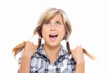 girl in school uniform screaming in despair