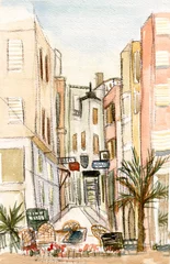 Tissu par mètre Café de rue dessiné Petite ville Loret-de-Mar