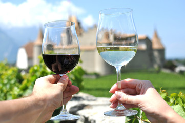 Two hands holding wineglasses, Switzerland