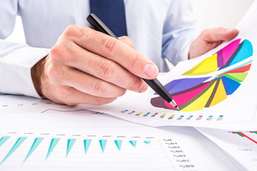 Businessman analyzing pie and column charts.