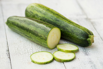 Homegrown zucchini on vintage table