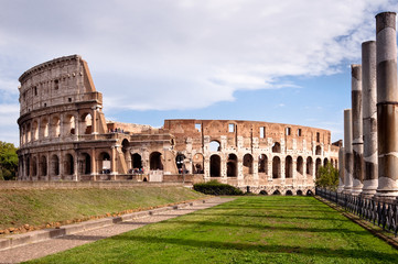 Colosseo and venus temple columns view from Roman forum