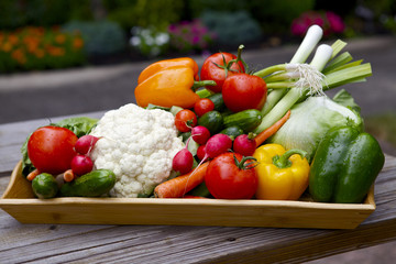 Vegetables in wooden container on outside in the garden