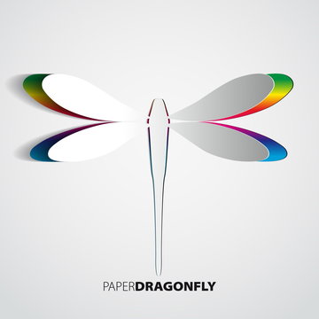 Greeting card with paper rainbow dragonfly - vector illustration
