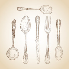 Vintage cutlery hand drawn set