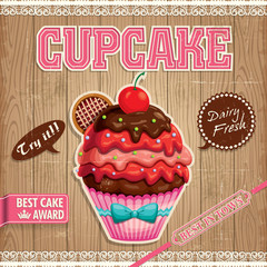 Vintage cupcake poster design with wood background