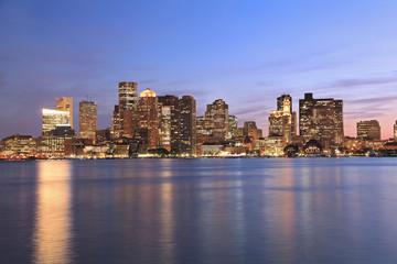 Boston skyline and Inner Harbor at dusk, USA
