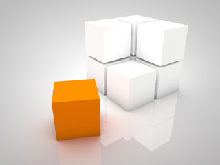 Orange cube on the ground with white cubes in the background