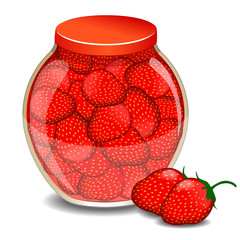 A jar of a strawberry jam and a strawberry berry