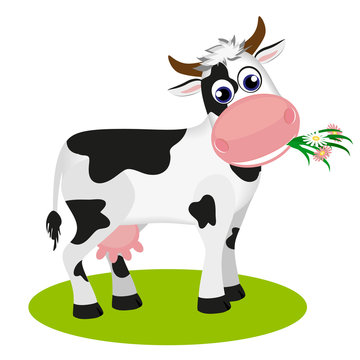 recommend clip art: Cute black and white cow eating daisy