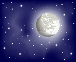 Moon and stars in clear night sky, vector illustration