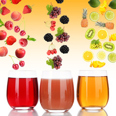 Flight of fruits and berries in glass of juice