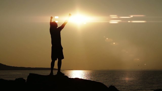 Success Pose Man Ocean Sun Flare Mountain Sea