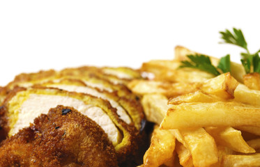 French fries and chicken on the white isolated background