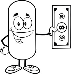 Black And White Pill Capsule Character Showing A Dollar Bill