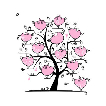 Funny pigs family on tree for your design