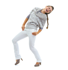 Naklejka premium Full length portrait of happy young woman in sweater