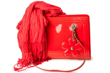 red patent leather bag and bamboo scarf