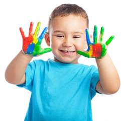 cheerful child with painted hands on white background
