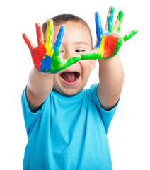 cheerful child with painted hands on white background