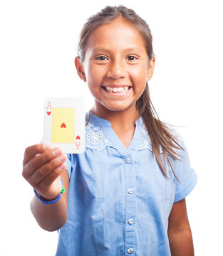 Girl Holding A Poker Card  On A White Background