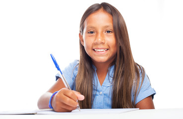 girl smiling doing homeworks on a white background