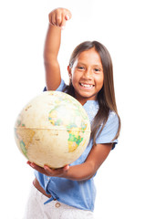 girl holding a world globe on a white background