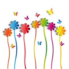 Spring theme with paper flowers and butterfly - vector