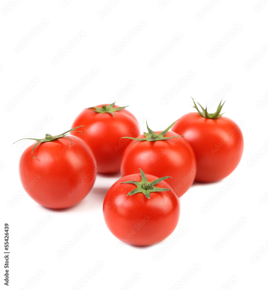 Poster fresh tomatoes with green leaves