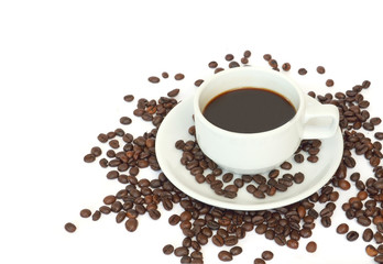 Cup of coffee with coffee beans