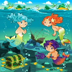 Poster Im Rahmen Meerblick mit Meerjungfrauen und Triton. © ddraw