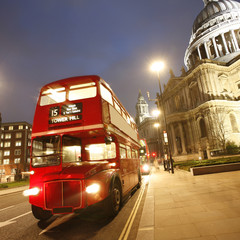 London Routemaster Bus and St Paul's Cathedral at night