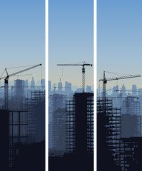 Vertical banner of construction site with cranes and building.