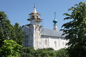 Old orthodox church with scaffolds, Suzdal, Russia