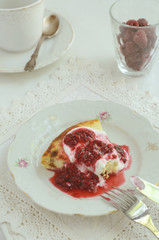 Cottage cheese baked pudding with raspberry topping