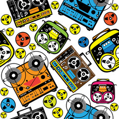 seamless pattern colored reel tape recorder