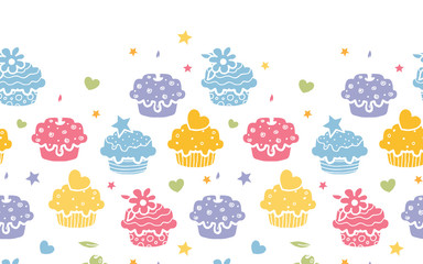 Obraz premium Vector colorful cupcake party horizontal seamless pattern