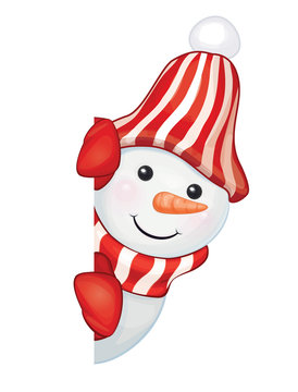 Vector of fun snowman hiding by blank isolated.