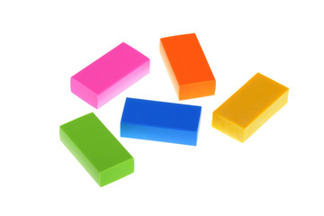 5 isolated colored erasers