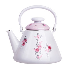 Enameled metal teapot white with pink lid