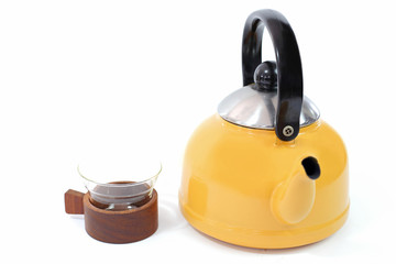 Yellow kettle isolated white background