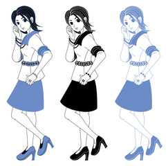 若い女性の挿絵カットイラスト(青系黒系モノクロショートヘアー）３パターン