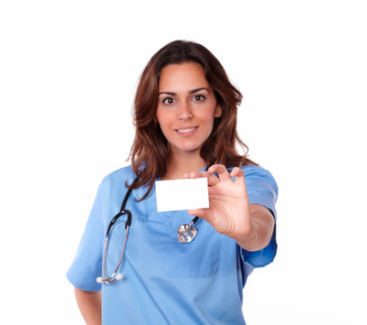 Hispanic Young Woman Holding A Blank Card