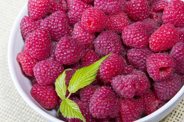 raspberries in a white bowl on a light background