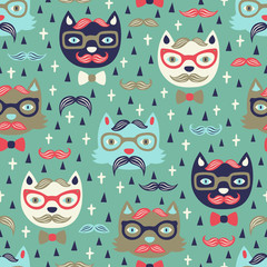 hipster cat seamless pattern