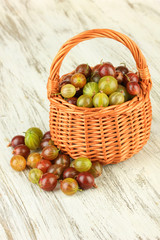 Fresh gooseberries in wicker basket on table close-up