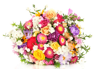 Beautiful bouquet of bright flowers isolated on white