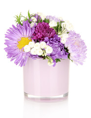 Naklejka na ściany i meble Beautiful bouquet of bright flowers in glass vase, isolated